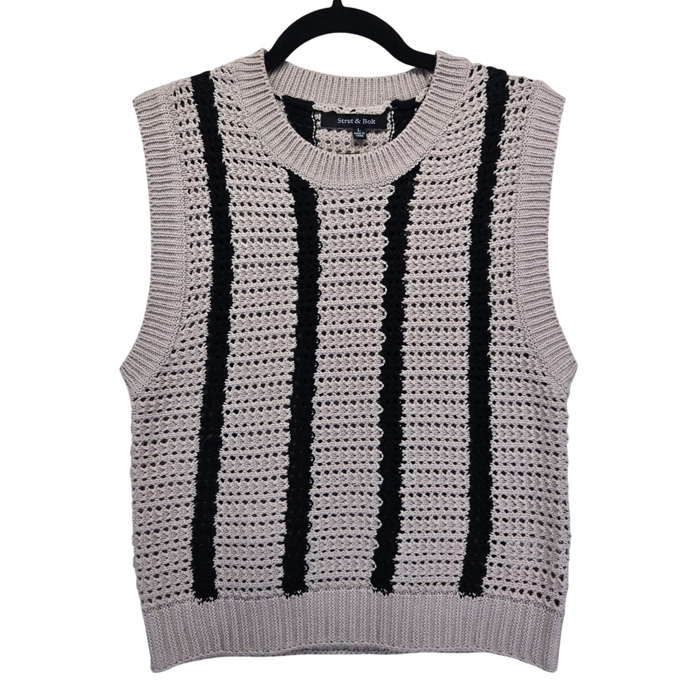 Strut & Bolt Womens Striped Crochet Knit Sweater Vest Tan Black Large Preppy‎